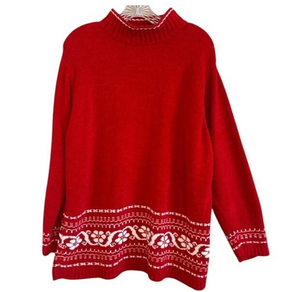 Vintage White‎ Stag Women's Red Knit White Floral Pattern Sweater XL 16/18